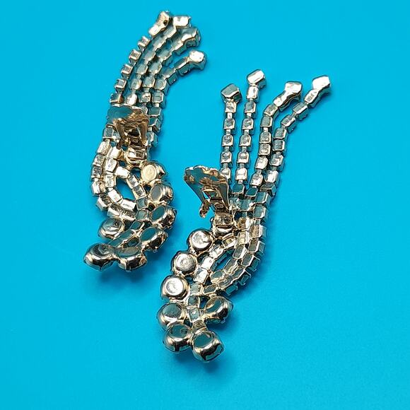 Vintage Blue Rhinestone Fringe Clip Earrings 3.25” Dangle 1960s main image 4